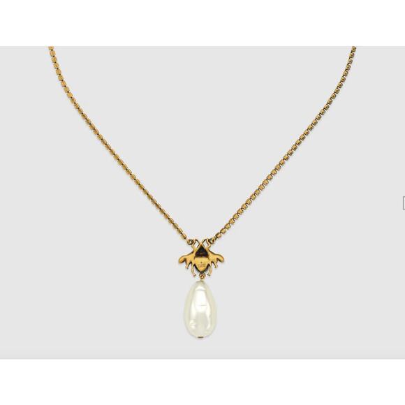 Gucci Bee Necklace with Crystal Chain & Drop Pearl | New in Box - Picture 2 of 3